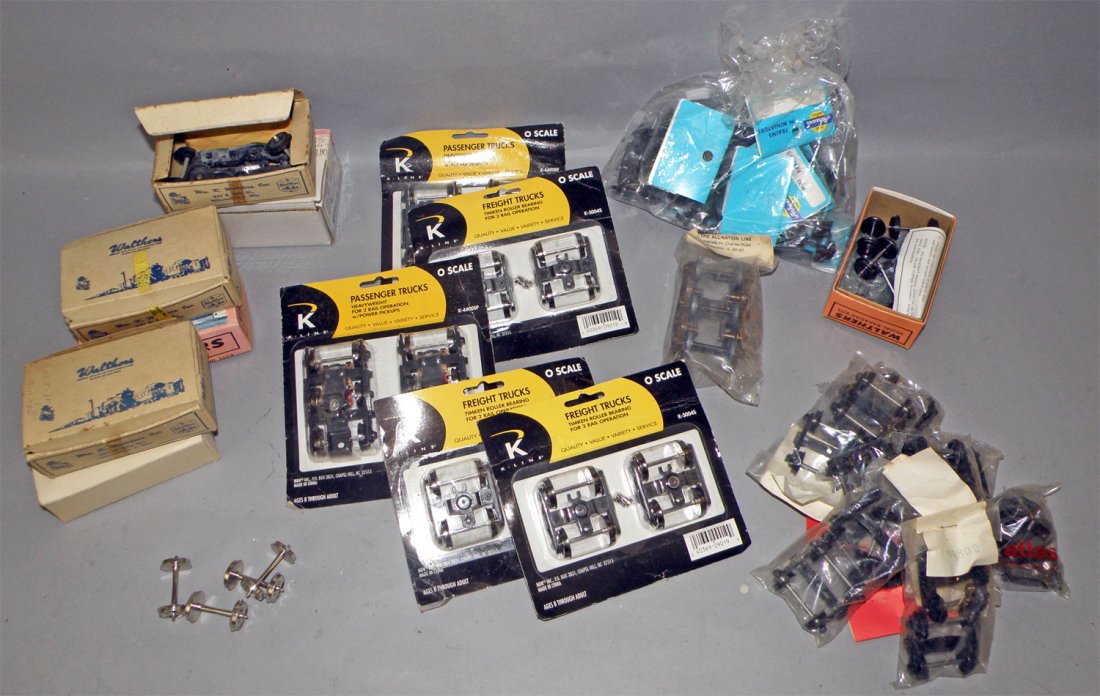 BOXED LOT OF VARIOUS TRAIN TRUCKS: Most by Walthers, K-Line, Ahearn and Quality Craft plus others. Over 30 sets plus spares. All O Scale. Size: Varies
