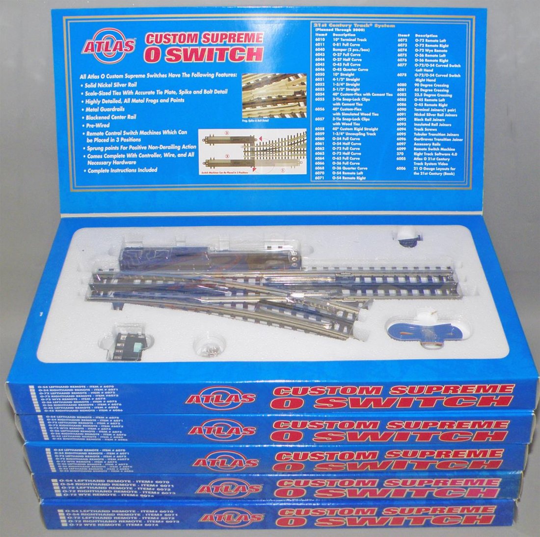 FIVE BOXES OF ATLAS CUSTOM SUPREME O SWITCH: Unused O Scale #6071 right hand remotes. Size: 15 1/2" long