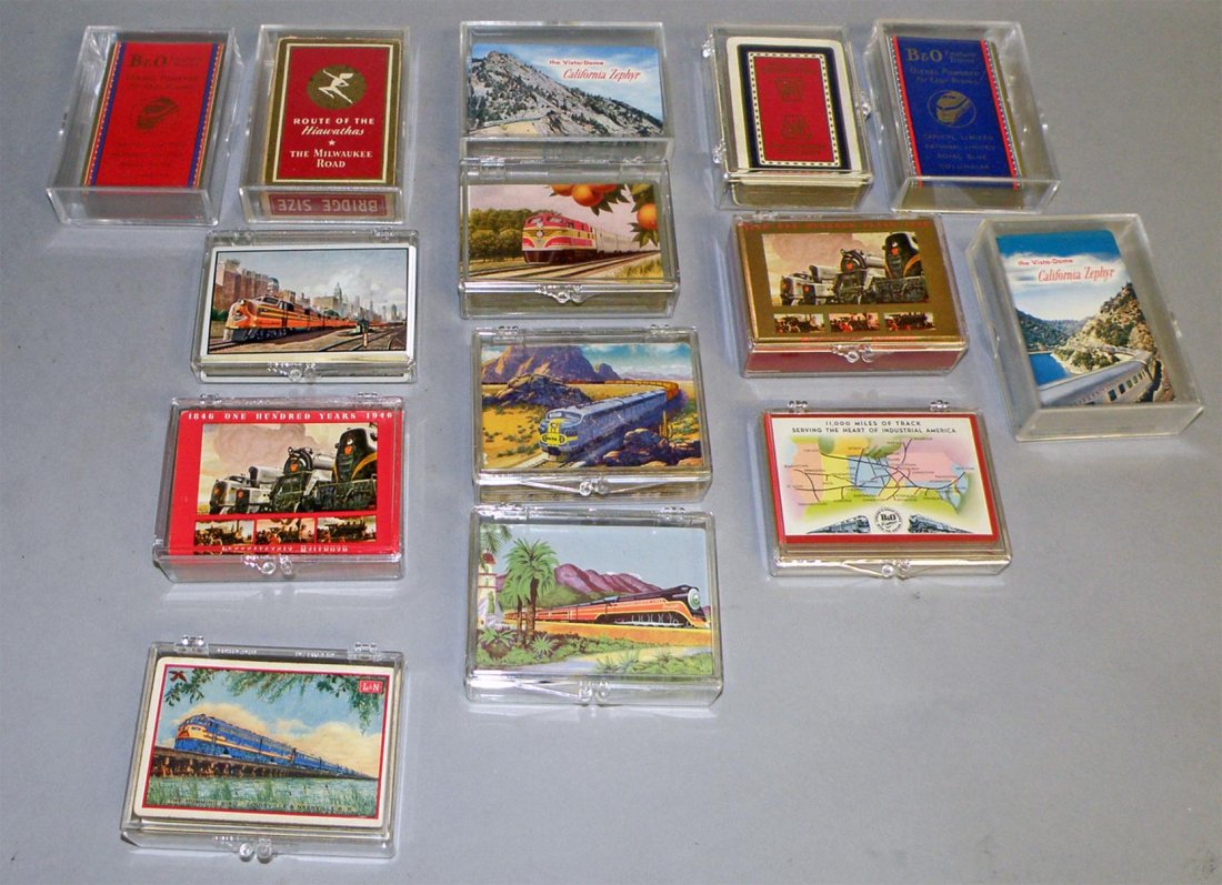 BOX LOT OF PLAYING CARDS: Some in original cases. Decks are open. Includes B&O, L&N, PRR, Southern Pacific etc. Size: Varies