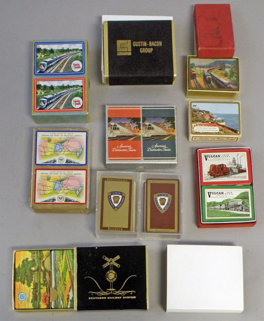 BOX LOT OF RAILROAD PLAYING CARD: Most in original cases. Includes: B&O, Wabash, Southern, Union Pacific, Penn etc. Size: Varies