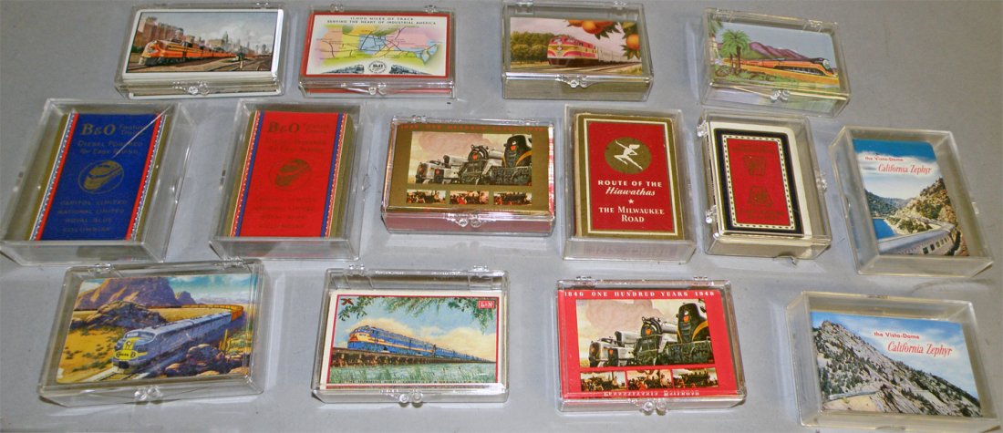 BOX LOT OF UNUSED RAILROAD PLAYING CARDS: All shrink wrapped. Includes: Chessie, Southern Railroad, Santa Fe, N&W etc. Size: Varies