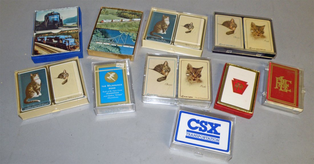 BOX LOT OF UNUSED RAIL ROAD PLAYING CARDS: Shrink wrapped decks include: Chessie, CSX, SOO line, Milwaukee, PRR etc. Size: Varies