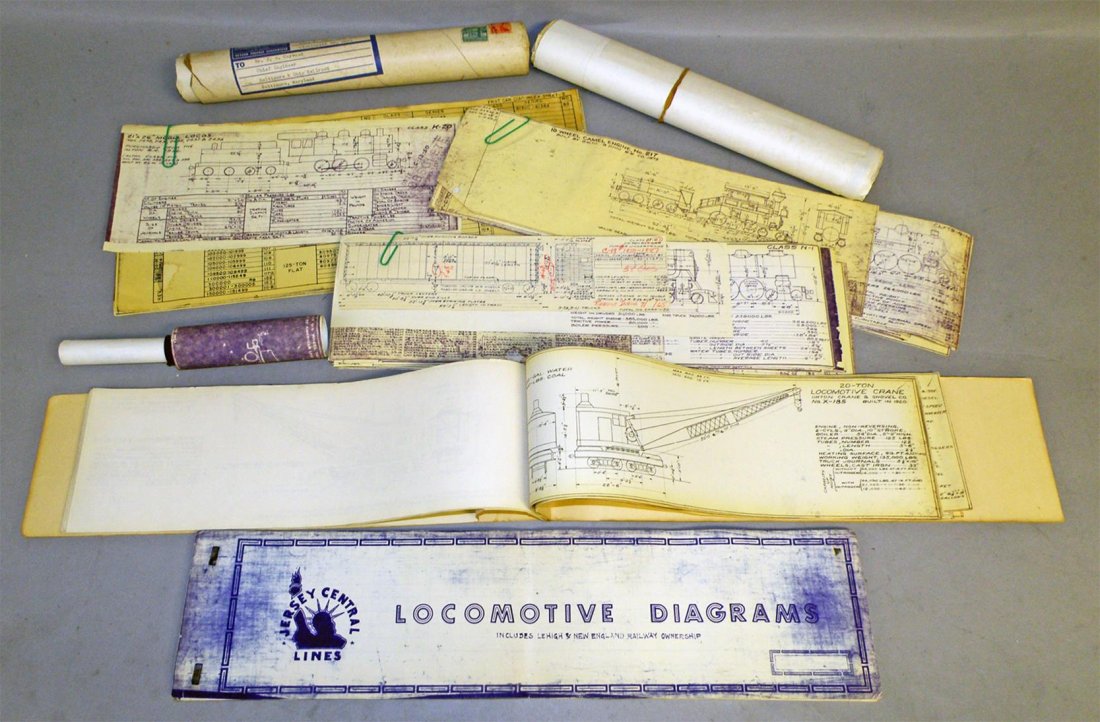 LOT OF LOCOMOTIVE AND WORKING CAR BLUE PRINTS: Interesting grouping. Includes: Leigh High Valley, Jersey Central, B&O and others. Some great images for framing. Depicts engines from the 1870s to 1950s. Size: Varies