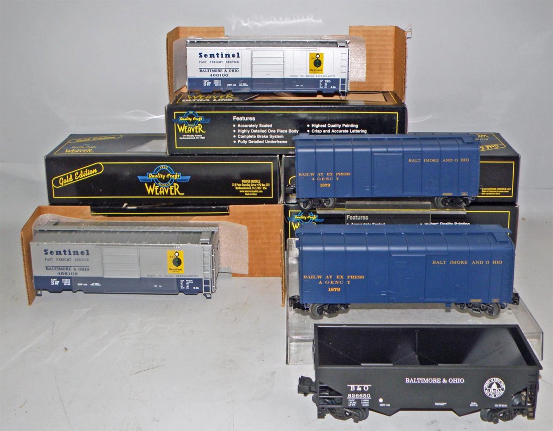 FIVE BOX WEAVER B&O FREIGHT CARS: Two Sentinel box cars, two REA box cars and two bay hopper. Size: 11 3/4" Long