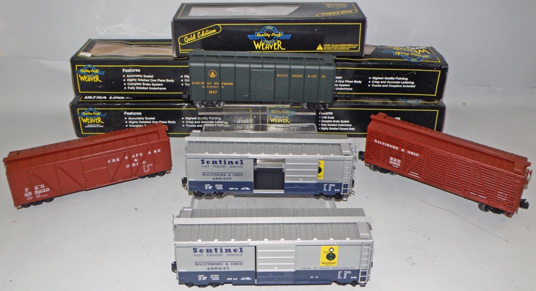FIVED BOX WEAVER FREIGHT CARS: Two B&O Sentinel box cars, B&O box cars, C&O box cars, and B&O box cars. Size: 11 3/4" Long