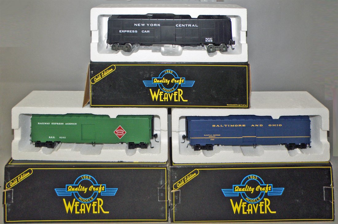 THREE BOXED WEAVER FREIGHT CAR: WWII Troop trains includes, B&O Express car, New York Central express car and REA express car. Unused Size: 14 1/2" long