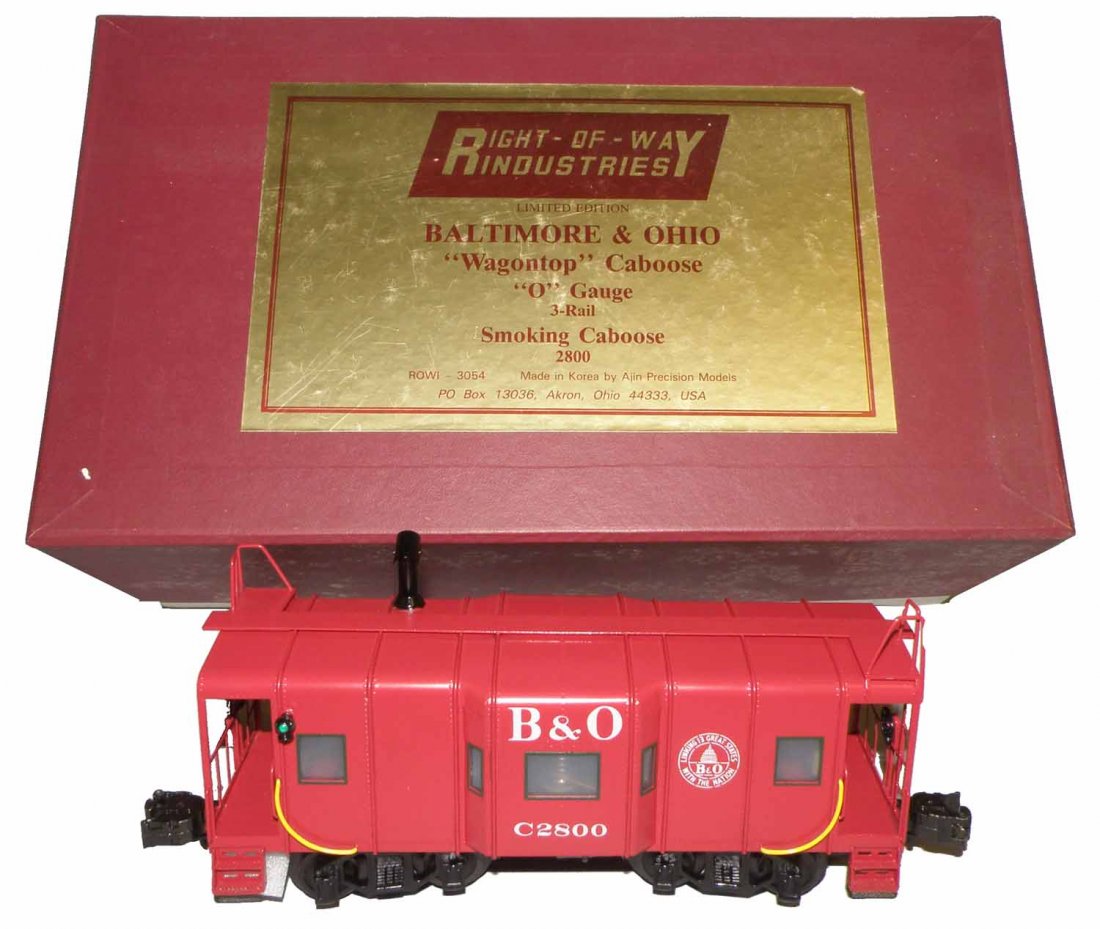 BOXED RIGHT OF WAY INDUSTRIES B&O CABOOSE: Limited edition smoking caboose #2800. Unused Size: 9 1/2" long