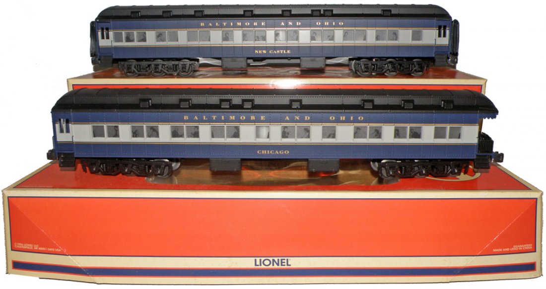 TWO BOXED LIONEL B&O PASSENGER CARS: #6-39016 New Castle Coach car and #6-39017 Chicago Observation car. Size: 19 1/2" long