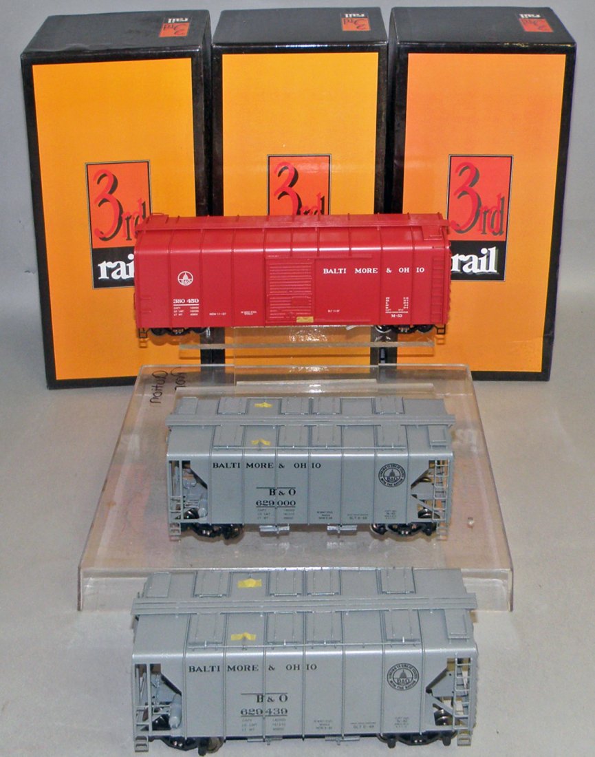 THREE BOXED B&O CARS BY THIRD RAIL: Unused O Scale, #62900 Hopper, #629439 Hopper, #380459 Box car. Size: 12" long