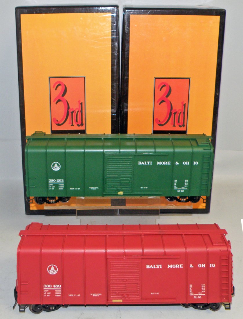 TWO BOXED THIRD RAIL B&O BOX CARS: Unused, #380203 and #380459. Size: 12" long