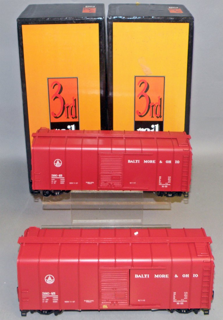 TWO BOXED THIRD RAIL B&O BOX CARS: Unused O Scale, Both #38045 box cars. Size: 12" long