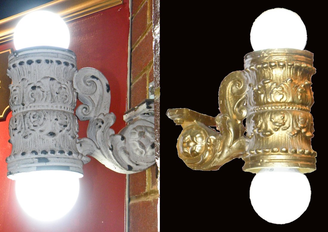 PAIR OF CAST IRON ANTIQUE LIGHT FIXTURES: Fancy cast iron fixtures with acanthus leaf design. One has original white paint and one repainted gold. 6 1/2" tall x 9" deep