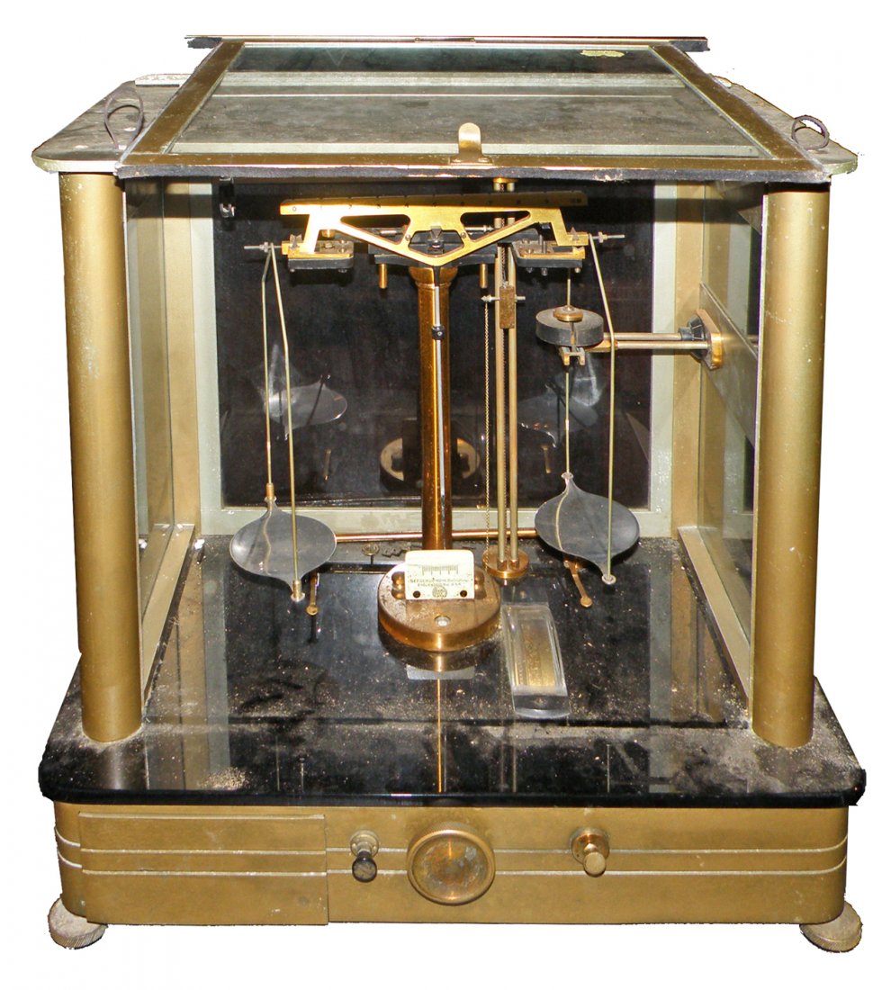 CASED LABORATORY SCALE: From Arthur H. Thomas Co. Appears complete. Needs cleaning. 16 3/4" wide x 18 1/4" tall There are 100's of non-cataloged items. Antique to contemporary lighting, stained glass, farm and shop antiques,