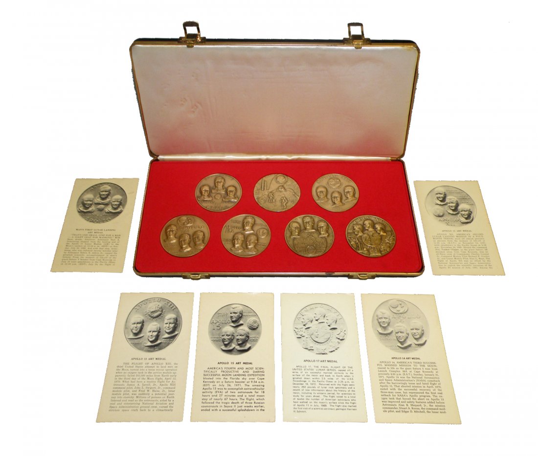 CASED BRONZE NASA APOLLO MEDALLIONS: Full set of seven by Medallic Art Company. With original paperwork. Minor wear to case. Case - Fine. Medallion diameter - 2 1/2" 14" x 7"