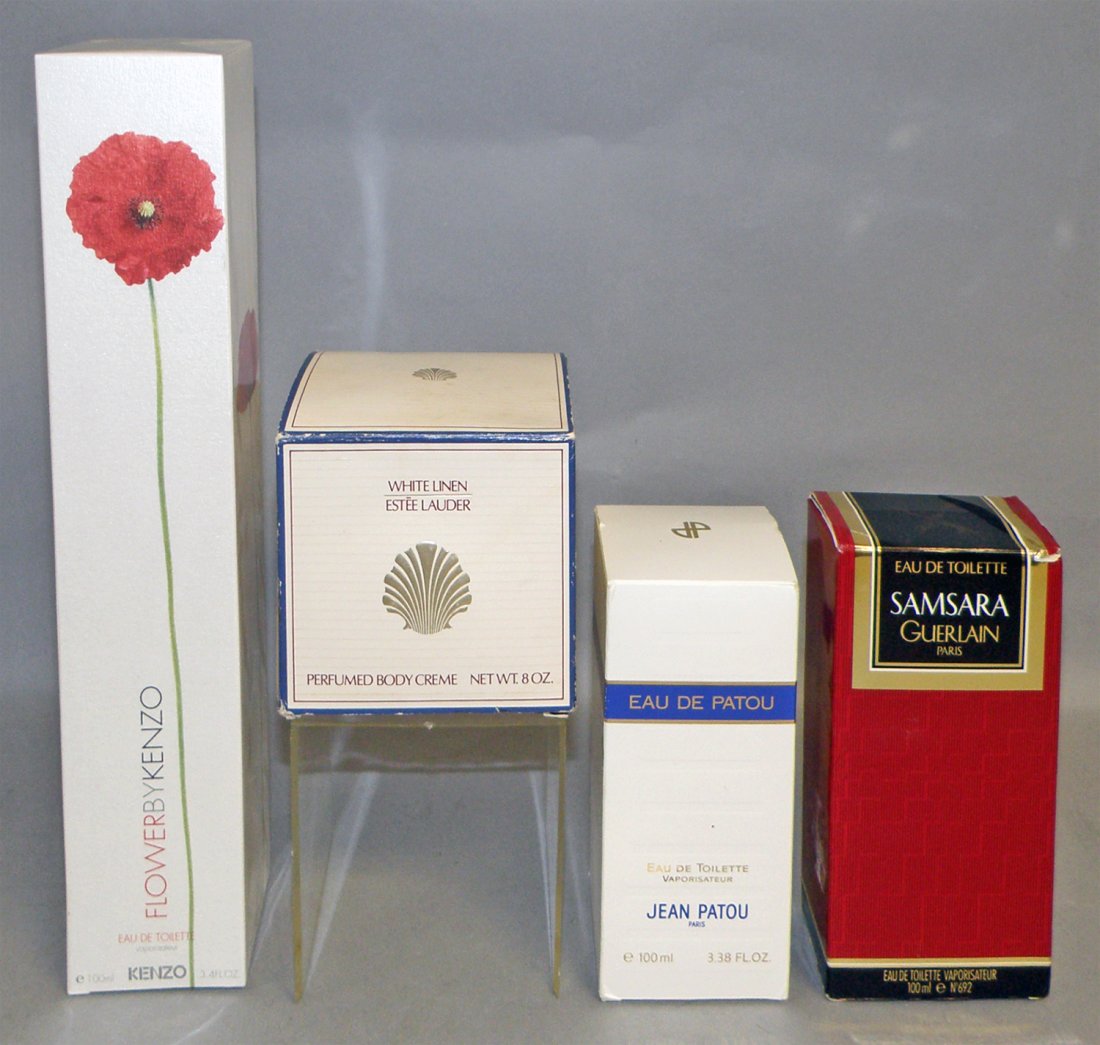 FOUR BOXES OF UNUSED PERFUME: Unused Designer Fragrances. Sealed box Flower by Kenzo, 3.4 oz., Samsara by Guerlain, 100 ml., Eau De Patou by Jean Patou, 3.38 oz., & White Linen body cream Estee Lauder, 8 oz. Varies