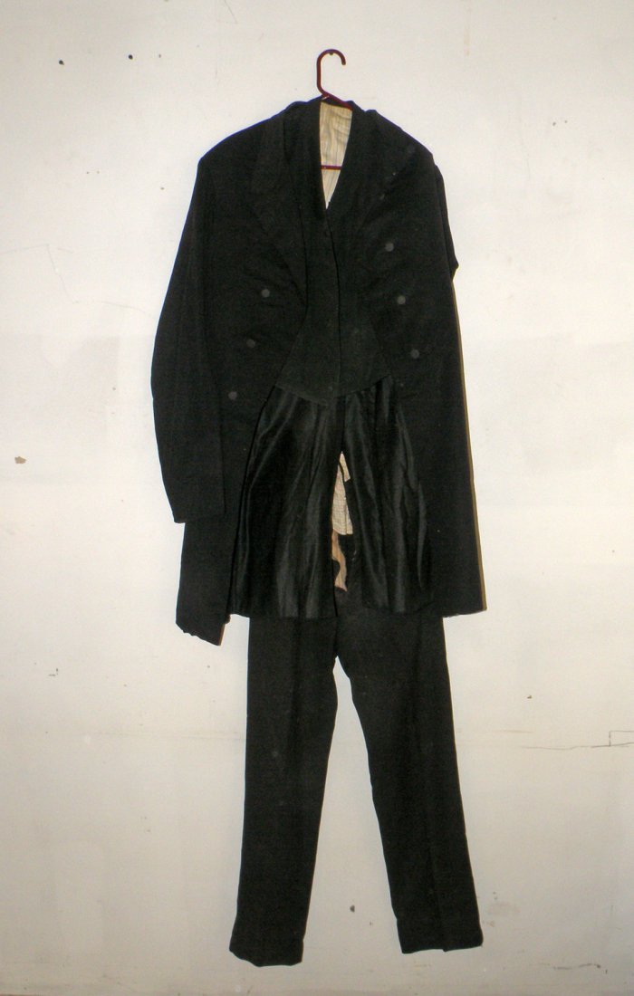 GENTLEMAN'S SUIT: Probably late 19th century with frock coat, vest and pants. Frock coat label Henry C Hale, Pittsburg. Needs cleaning. Large?