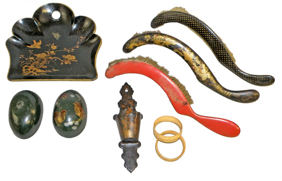 LOT OF PAPIER MACHE ITEMS: Includes dust pan and three brushes, egg and match holder. Match holder damaged. Also has two celluloid napkin rings. largest 13 1/2" long