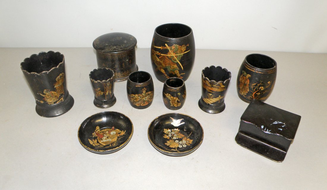 LOT OF PAPIER-MACHE ACCESSORIES: Includes lidded boxes, cups etc. largest 4 1/2" tall