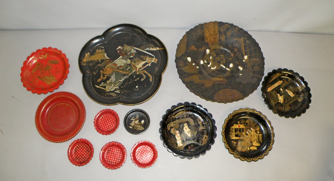 LOT PAPIER-MACHE DISHES: Includes two large, five medium and five small. All show some surface wear. largest 11 1/2" diameter