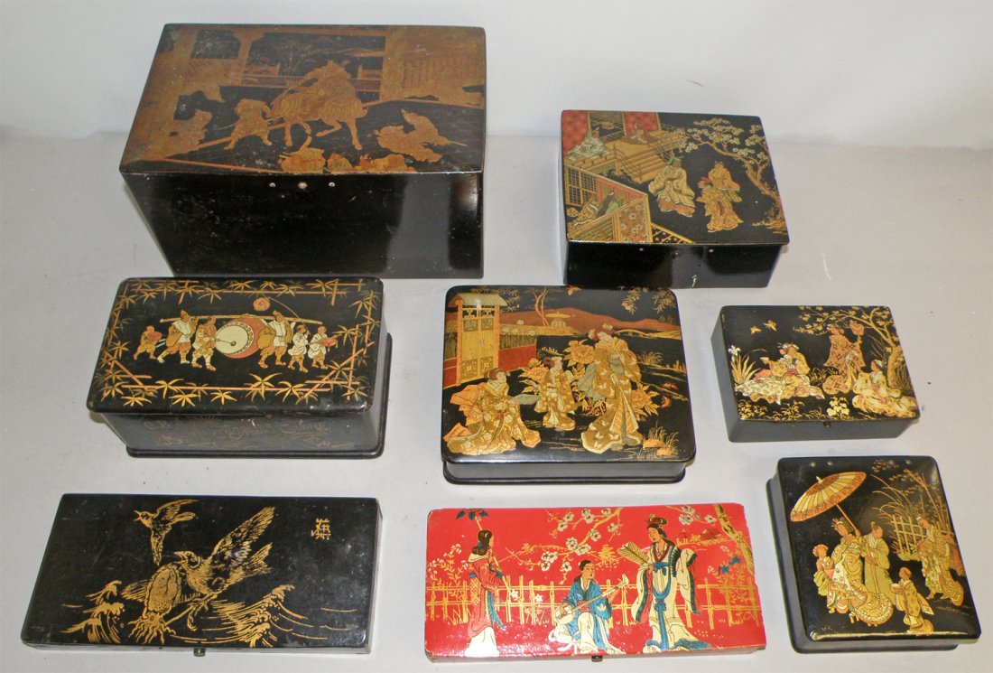 SEVEN PAPIER-MACHE BOXES: All with oriental Motifs. One has painted label "Societe Francaise Cotons A Crudre". Largest has replaced bottom. largest 10 1/4" x 6 1/4"