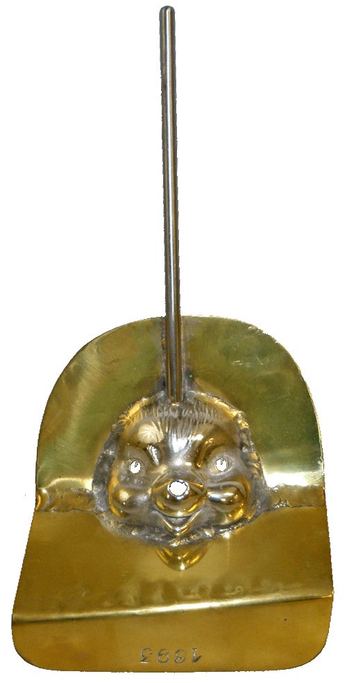 BRASS AND STEEL STENCIL FOR TOY: Marked 1693. Figural stencil to paint eyes and nose of unknown toy. 13" long x 6 1/4" wide