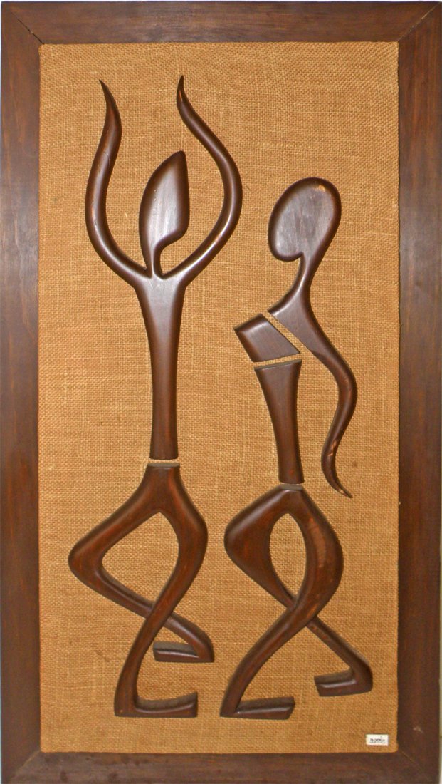 MID-CENTURY MODERN CARVED WOOD FIGURAL PANEL: Signed lower right M. Perlin. Carved dancing figures on original burlap backing. Minor surface rubs. 34 1/2" x 18 1/2 "