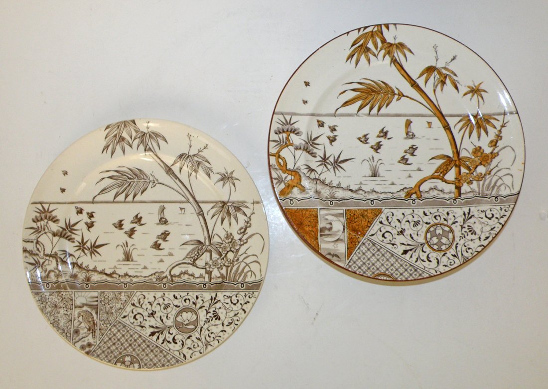 SEVEN 19TH CENTURY DECORATED PLATES: Registration marked 1881. Also marked Melbourne and Gildea & Walker. Six plates have colored decoration and one is monochrome. Slightest surface wear. 101/2" diameter