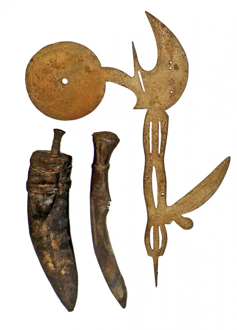UNUSUAL BLADE FROM DRC: Iron with geometric design and decoration. Missing handle. Some surface wear. Comes with a Nepalese kukri knife with sheath. Shows age and use wear. largest 21 1/2" long