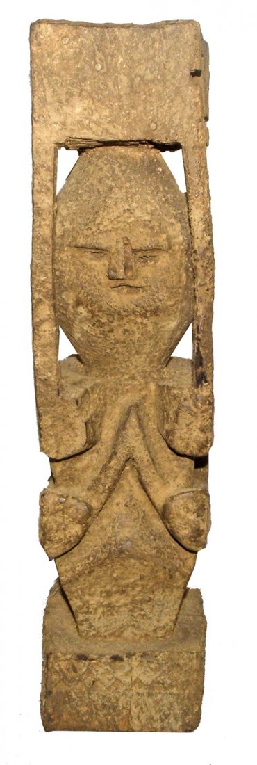 CARVED WOOD FENCE POST FROM NEPAL: Shows age and use wear. Has some damage 20 1/2" tall