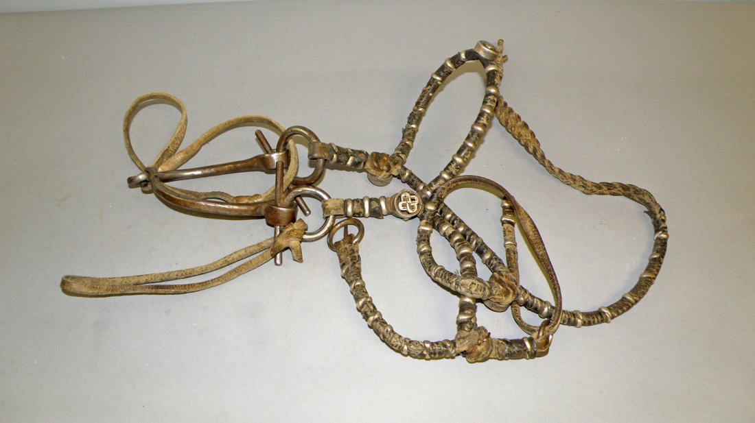 ANTIQUE HORSE BRIDLE FROM NEPAL: Hand made iron and leather bridle with decorative elements. Complete