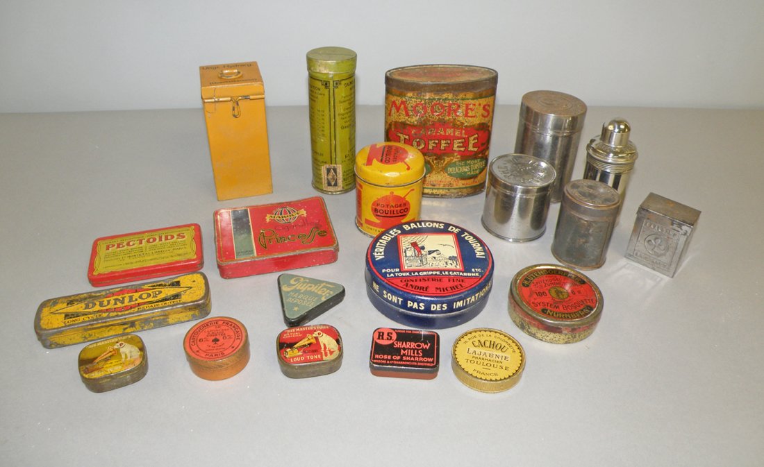LOT OF TWENTY SMALL ADVERTISING TINS.: Includes Phonograph needles, medical tins, cigarette, snuff etc. Varies