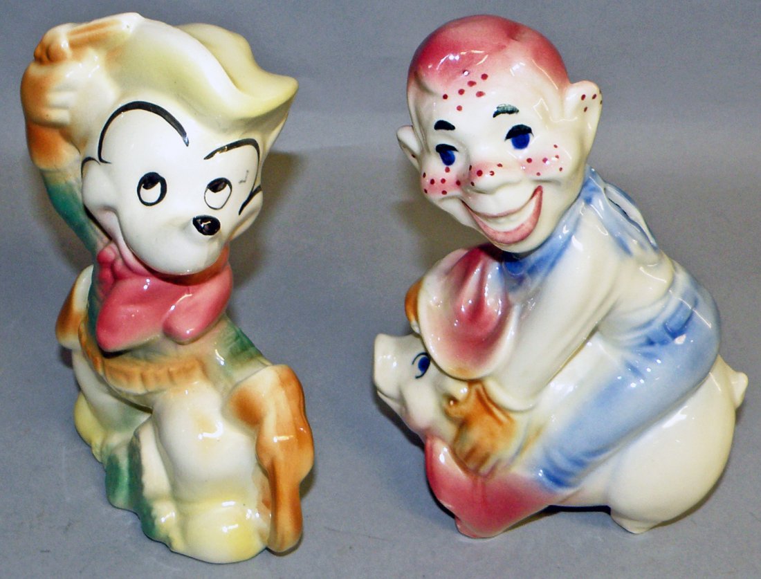 TWO CERAMIC COMIC CHARACTER STILL BANKS: Mickey Mouse by Leeds and a Howdy Doody by American Bisque, minor surface wear. Largest: 7" tall