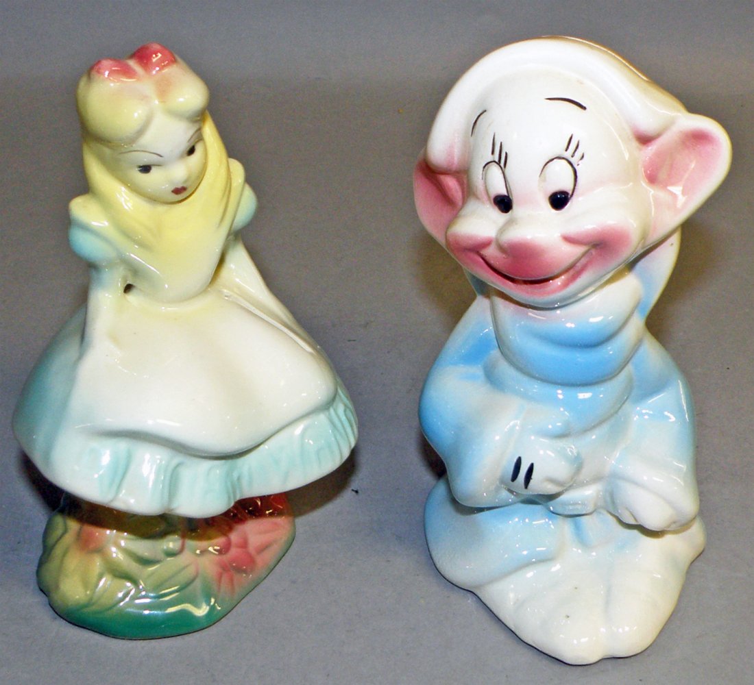 TWO DISNEY CERAMIC STILL BANKS: Dopey by American Bisque and Alice in Wonderland by Leeds. 6 3/8" tall
