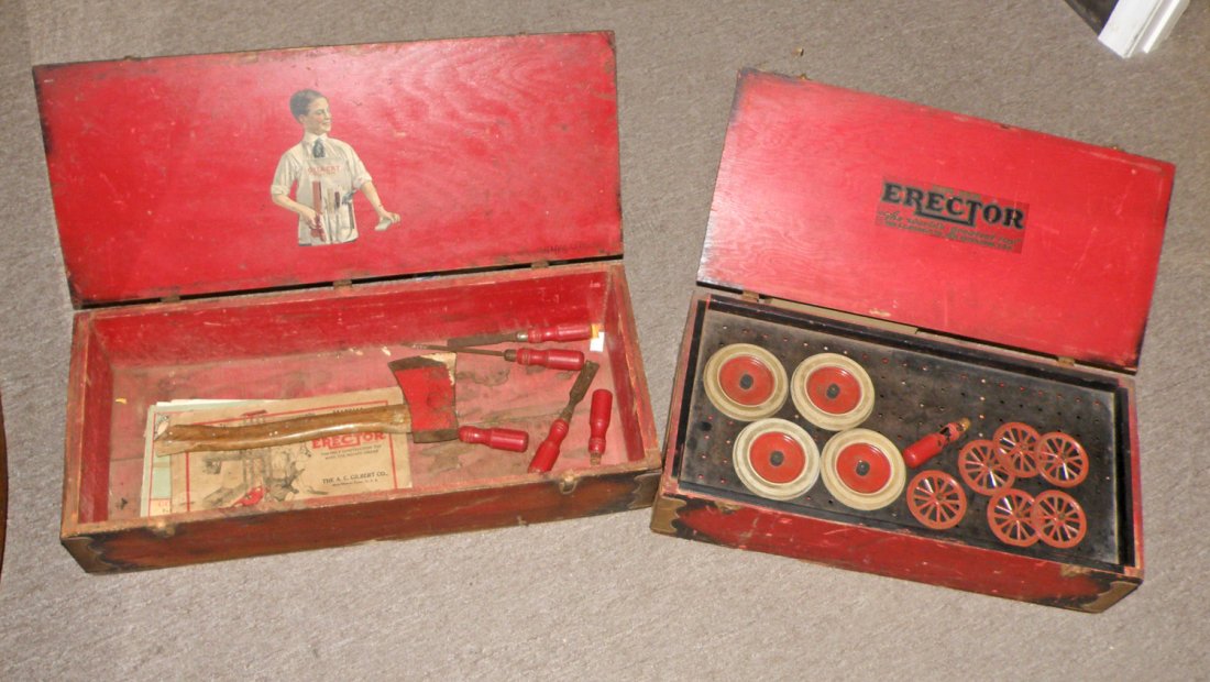TWO CASED ERECTOR SETS: Possibly complete wood cased White truck set that shows playwear and a Gilbert Big Boy tool set with some possibly original tools. Largest: 25 1/2" long