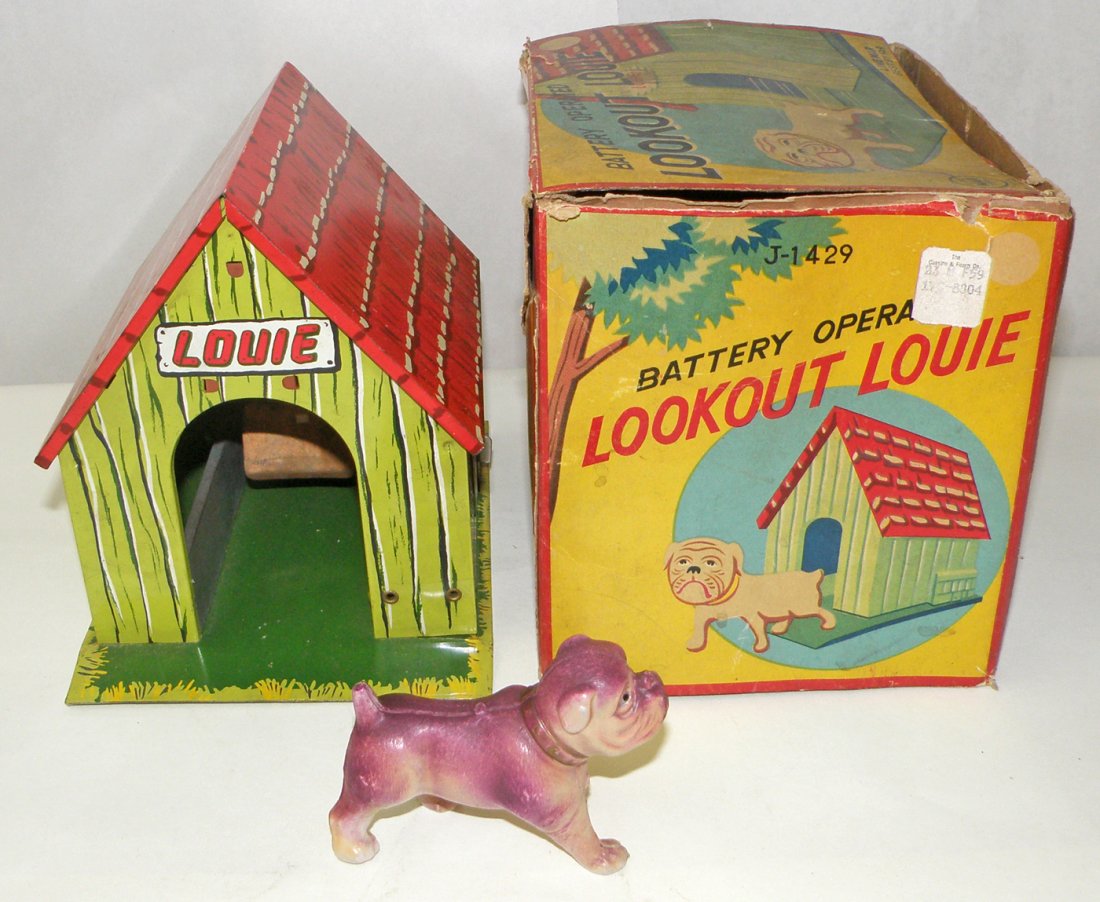 BOXED BATTERY OPERATED LOOK OUT LOUIE BY MARX: Clean toy but not working. Original dog has missing leg. Box shows wear and damage with a Fair-Good rating. 6 3/4" long