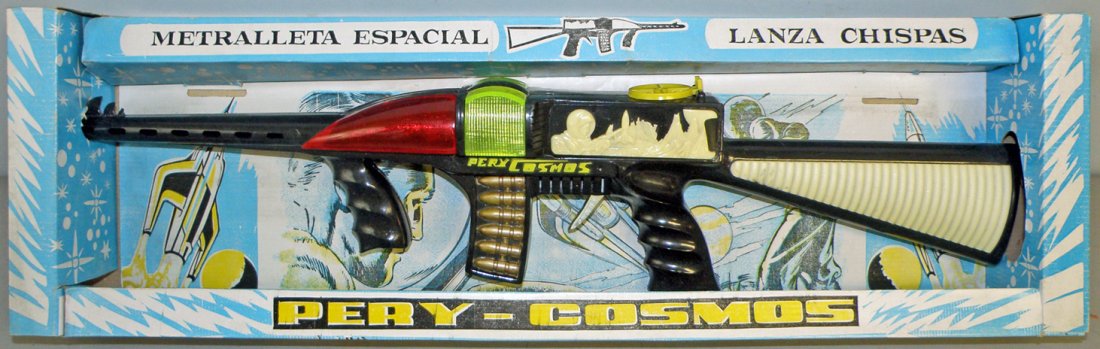 BOXED PERY COSMOS SPACE GUN: Hard plastic space gun from Spain. Great looking toy appears unused. Crisp original box is excellent. 26" long