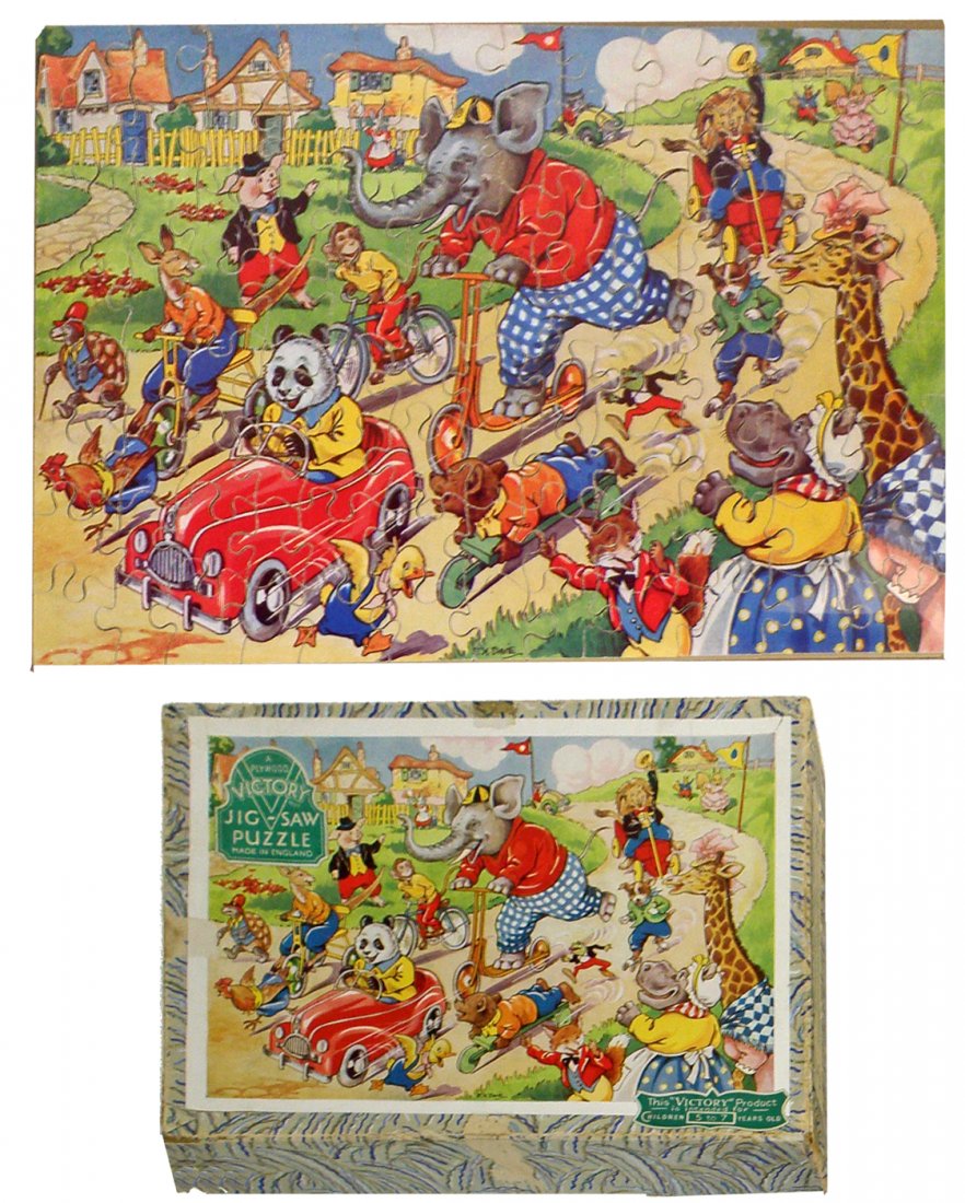 BOXED VICTORY JIGSAW PUZZLE: Colorful puzzle of animals on wood. Artwork by English illustrator E.H. Davie. Box is VF 13 3/8" x 8 3/4"
