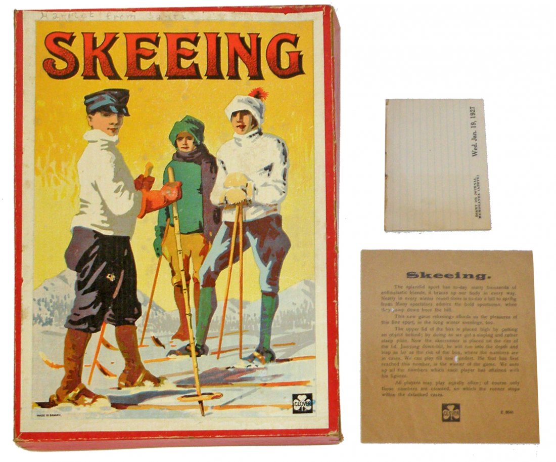SKEEING GAME BY CLOVER: For the English market, made in Bavaria, Great image on box lid. Marble game has directions just needs marbles. Some edge wear. 12" x 8 1/2"