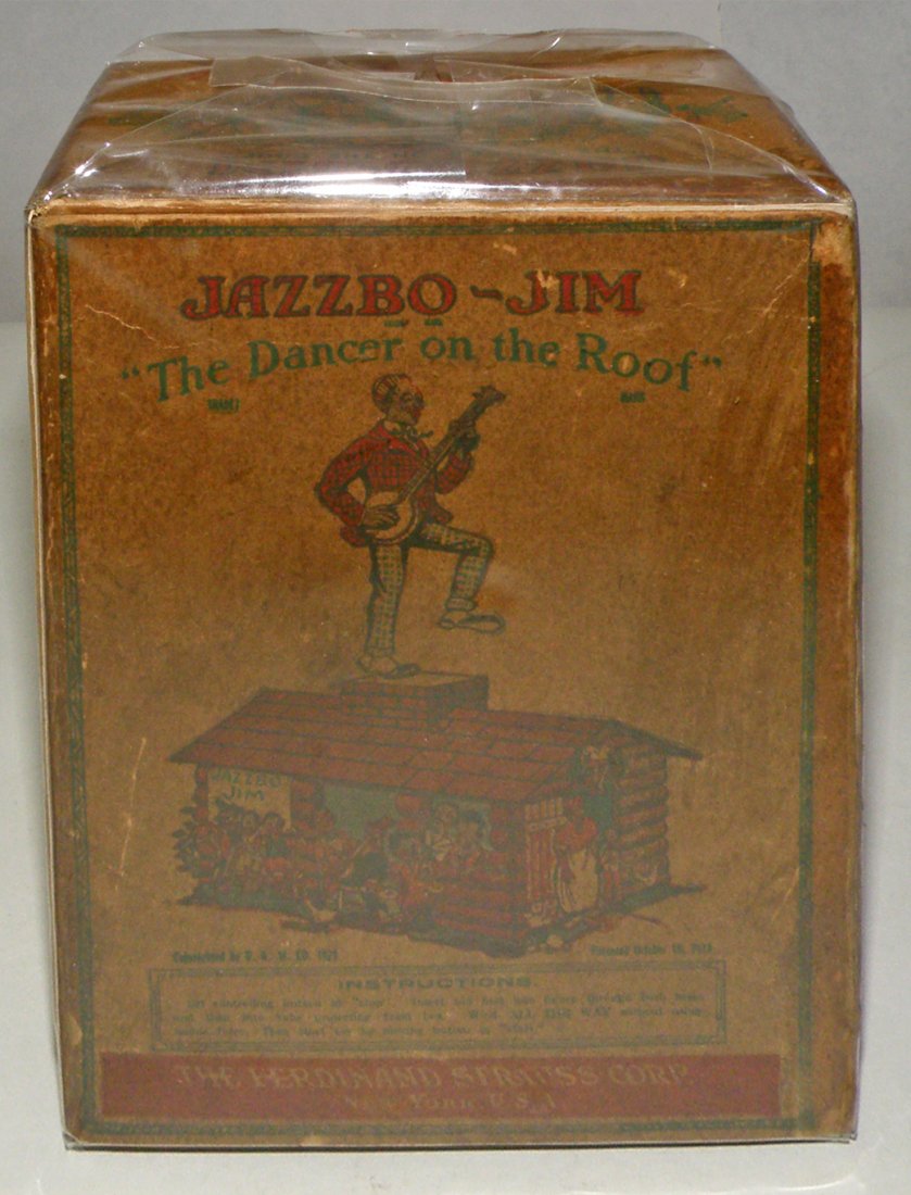 JAZZBO JIM JIGGER BOX: Ferdinand Strauss version box has been re-lined and has one side panel restored. 6 1/2" tall