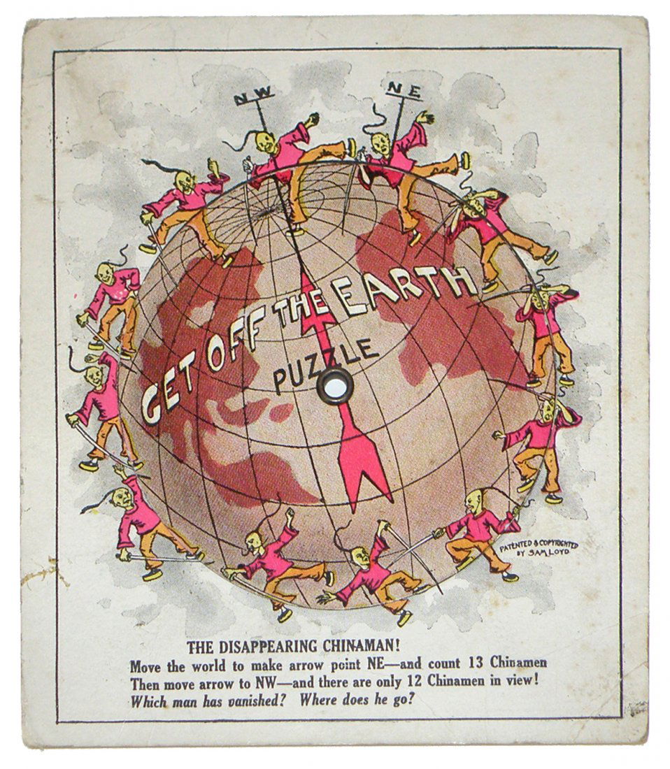 DISAPPEARING CHINA MEN ADVERTISING PUZZLE: Premium from Will Deusch for New Departure bicycle brakes. Printed and copyrighted by Samuel Lloyd. Neat little puzzle. Some surface wear. 5 1/2" x 4 5/8"