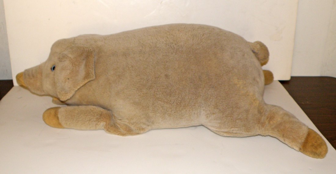STEIFF STUDIO SIZE PIG: Soft plush pig with glass eyes. Original tag with button. Minor aging 38" long x 17" wide