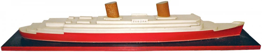 1930'S DISPLAY MODEL OF THE EUROPA: Plaster and wood shipyard or designer model. SS Europa started operation in 1928 operated by North German Lloyd Steamship Co. 1930-45. This was the largest German ship built in that period. Acquired b