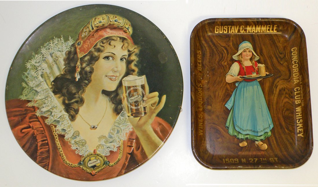 TWO ALCOHOL RELATED SERVING TRAYS: Falstaff Beer & Gustav C. Mammele Beer & Whiskey wholesaler. Both show some wear. 16" diameter