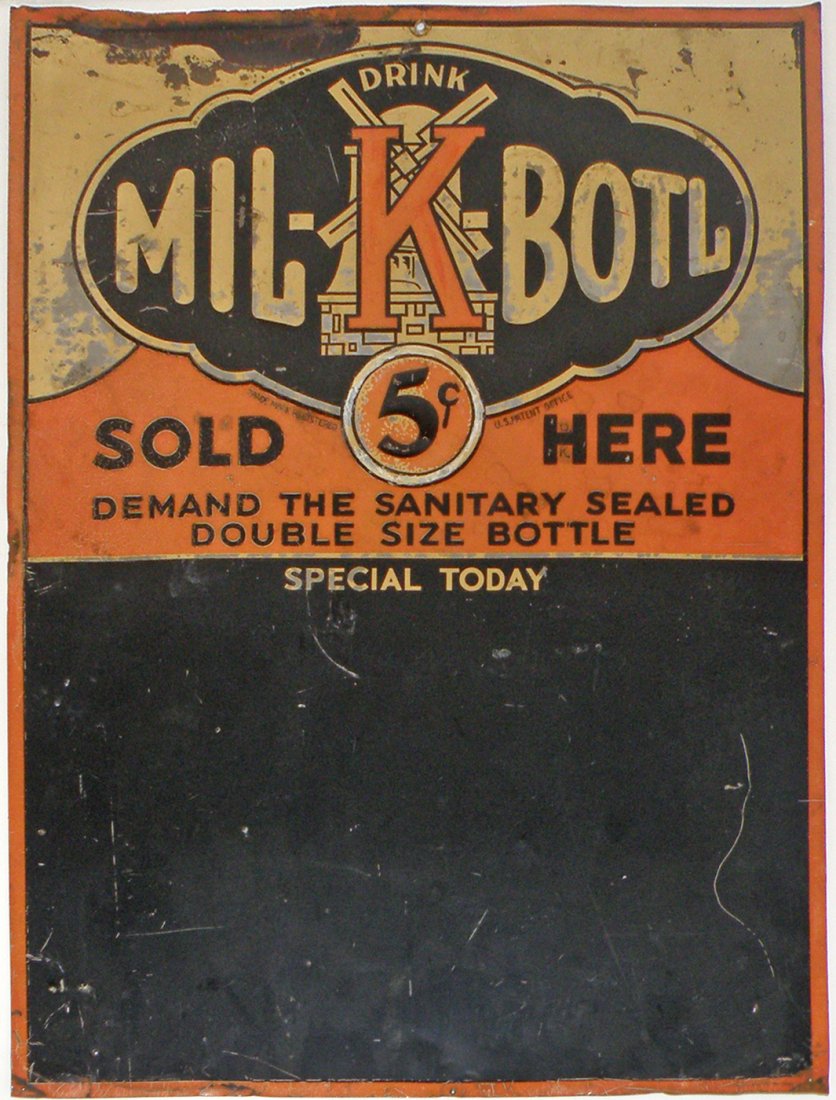 MIL-K-BOTL MENU BOARD: Embossed tin by Stout Sign Company. Crazing and flaking. 23 1/2" x 17"