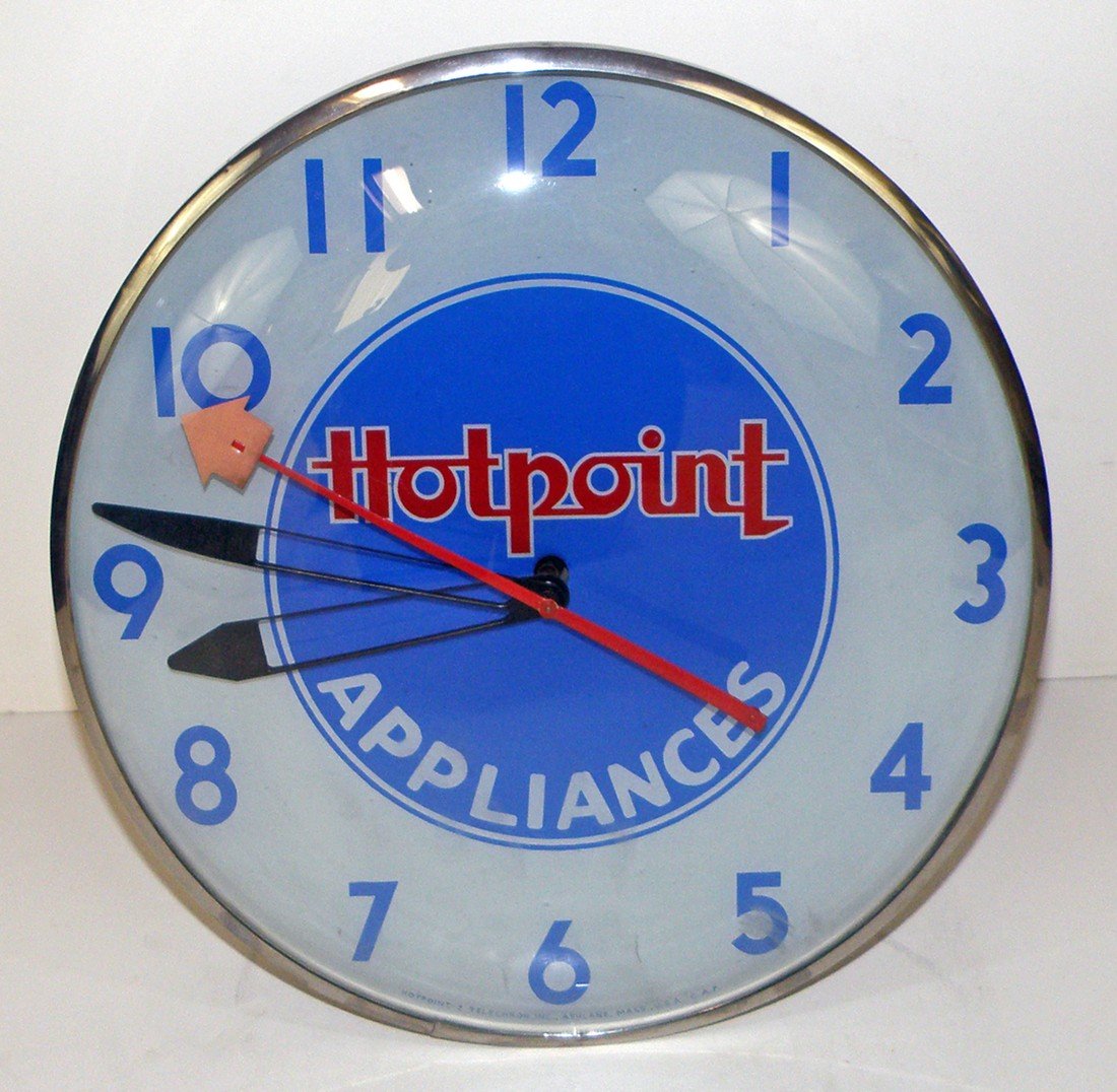 HOTPOINT APPLIANCES CLOCK: Made by Telechron. Works fine. All original. Design to hang on wall or stand on counter. 15" diameter