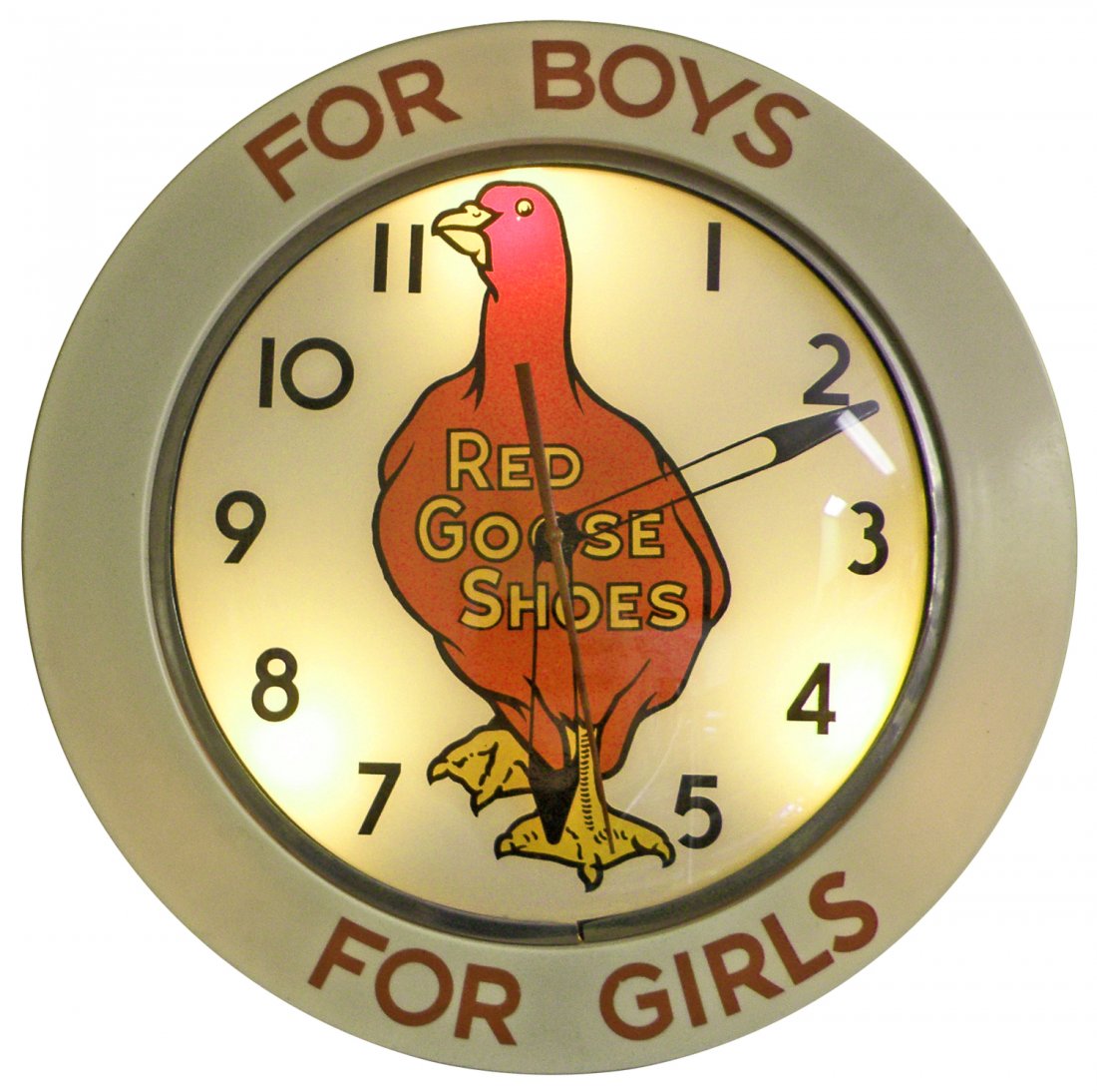 RED GOOSE SHOES LIGHT UP CLOCK: Scarce, made by Blue Ribbon Displays. Works perfectly 19" diameter