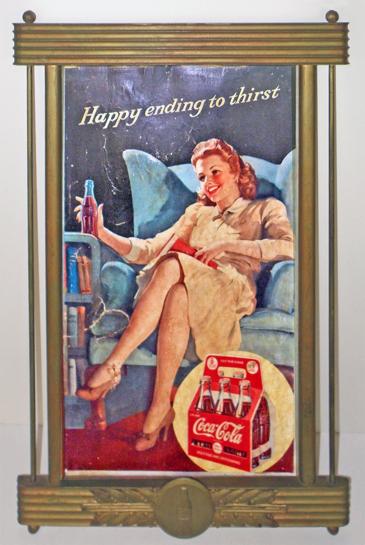 CARDBOARD COCA-COLA SIGN IN ORIGINAL FRAME: Cardboard sign shows wear and damage. Original Kay frame has minor surface wear. Sign is Fair 32 1/2" tall x 21 1/4" wide