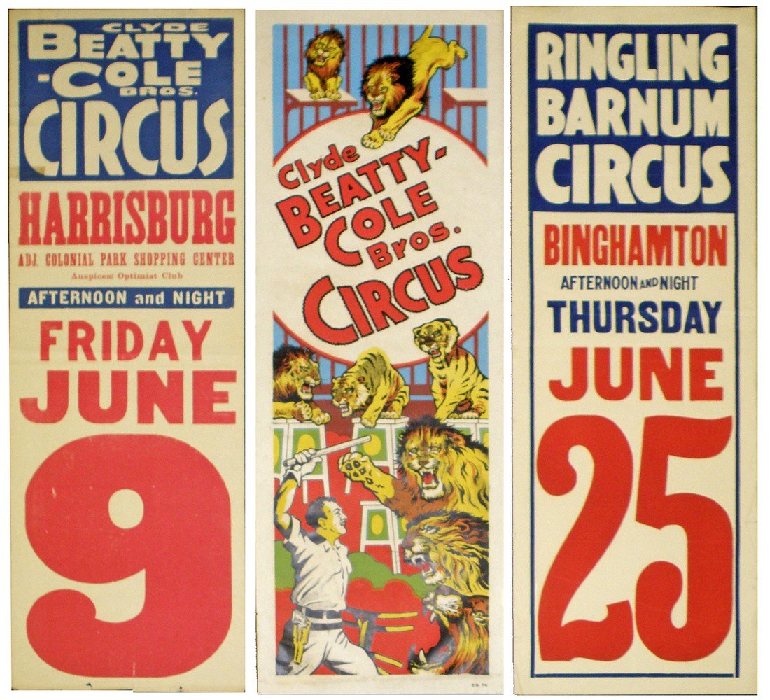 THREE CIRCUS INSERT POSTERS: Clyde Beatty - Cole Bros. advance sheet, Ringling and Barnum advance sheet and a Clyde Beatty - Cole Bros. with Clyde and big cats 42" x 14"