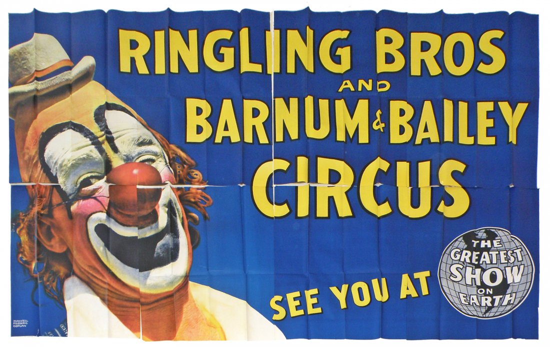 RINGLING BROS. AND BARNUM & BAILEY BILLBOARD POSTER: C-1950 unused 32 sheet size poster with an image of Lou Jacobs, art by Maxwell Frederic Coplan. A few small edge tears 162" x 110"