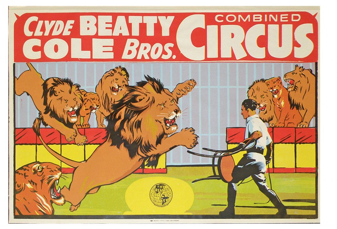 CLYDE BEATTY COLE BROTHERS COMBINED CIRCUS POSTER: 1958 poster with lion taming act. Uses the very short lived Globe logo. Very minor wear 41 1/2" x 27 1/2"